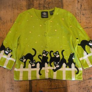 MICHAEL SIMON Vtg Black Cats Halloween Cardigan Size Large Teacher Sweater *RARE